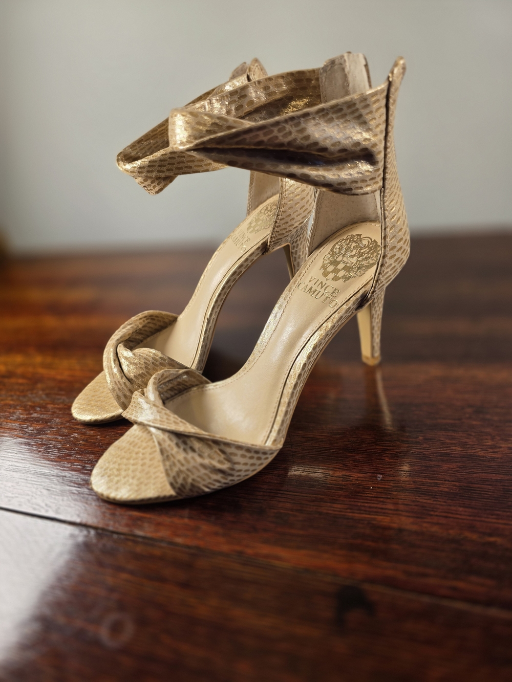 Vince Camuto Gold Metallic Ankle Strap Stiletto Heels Sandals Size 6.5M